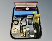 A tray containing assorted wristwatches including a gent's 9ct gold Garrard in box, Bulova, Lorus,