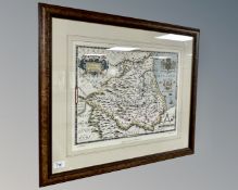 A reproduction Saxton's map of Durham in 1576, printed by Taylowe Ltd, in frame and mount.