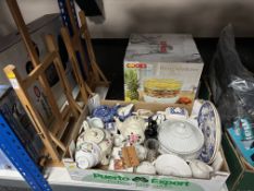 A box containing miscellaneous tea china, Ringtons chintz teapots,
