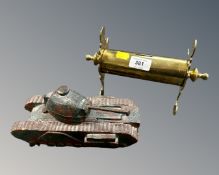 A wooden model of a tank together with a brass trench art money box.