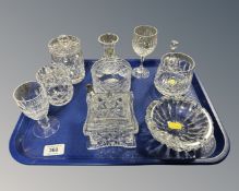 A tray containing a quantity of lead crystal cut glass including Waterford crystal liqueur decanter,