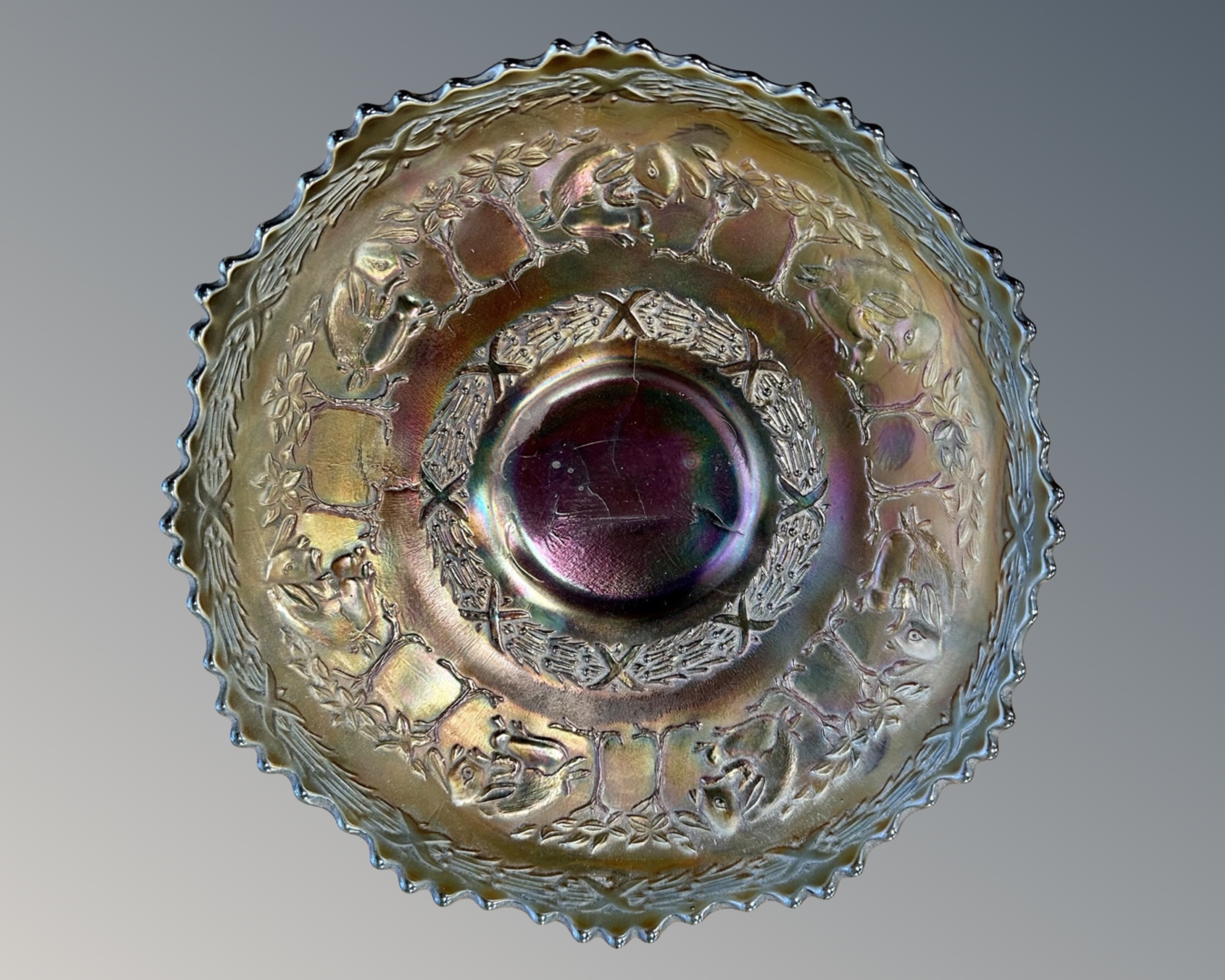 An extremely rare Fenton American Carnival glass lustre bowl, circa 1910,