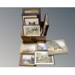 A box containing antiquarian and later pictures and prints including tapestries,