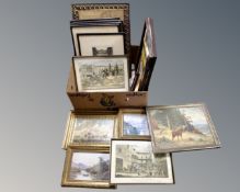 A box containing antiquarian and later pictures and prints including tapestries,