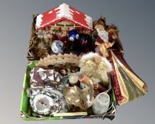 Two boxes containing Christmas ornaments and decorations including tea light holders, tree topper,