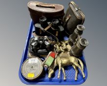 A tray containing antique and later field glasses including Opal 7x18, Barr & Stroud 8x30,