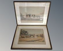 Two antiquarian colour etchings depicting coaching scenes, in Hogarth frames.