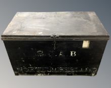 An antique metal oversize deed box, bearing S. J. A. B.