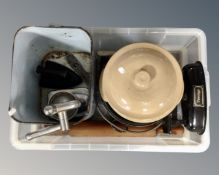 A box containing vintage kitchenalia including an enamelled bread bin, lidded crock pot,