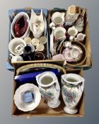Three boxes containing a large quantity of assorted ceramics including decorative vases and jugs,