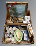 Two boxes containing petit point dressing table set, commemorative mugs and beakers, Carlton ware,