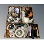 Three boxes and a basket containing miscellaneous ceramics, beer steins, a wooden rolling pin,