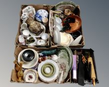 Three boxes and a basket containing miscellaneous ceramics, beer steins, a wooden rolling pin,