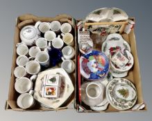 Two boxes containing Christmas ceramics including Spode, Villeroy and Boch, mugs, tea ware,