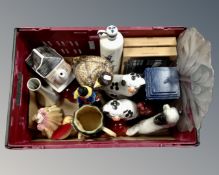 A box containing Murano clown, Coalport Ladies of Fashion Diane figure, Staffordshire dogs,