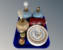 A tray containing three Denby table lamp bases, a set of Spode Christmas pastime plates,
