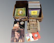 Two boxes containing vinyl LPs, box sets and 7" singles including Great Composers, Elvis Presley,