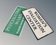Two cast iron wall plaques, Psychiatric Ward and Woman's Evaluation Centre.