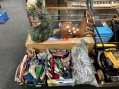 A pallet containing Puleo tree company Christmas tree (boxed), reindeer ornaments, decorations,