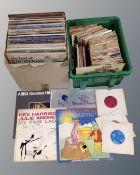 Two boxes containing vinyl LPs and 7' singles including Queen, The Beatles, Wings, Status Quo,