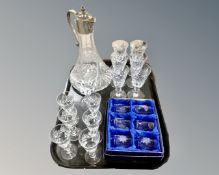 A tray of assorted glass ware, silver plated cut glass claret jug,