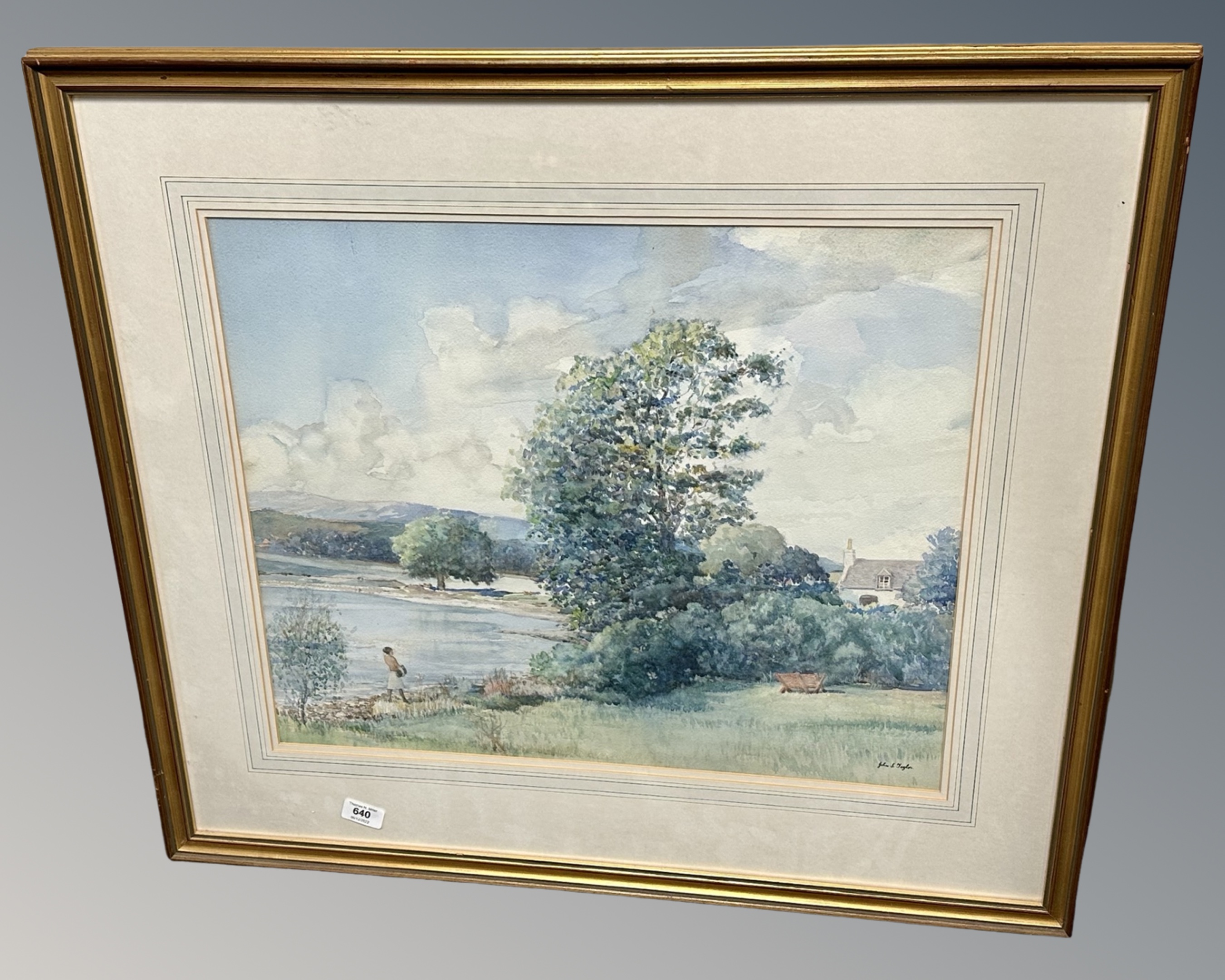 John Taylor (20th Century) : Female figure by a lake, watercolour, in frame and mount,
