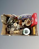 A box of oak tea caddy, tins, plated wares, candelabrum,
