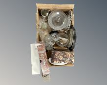 A box of plated wares, boxed French crystal, cutlery, decanters, bowls,
