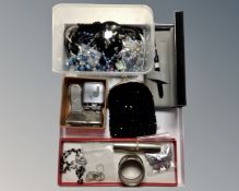 A tray of pocket knife, lighters, silver napkin ring, costume jewellery,