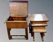 A 20th century sewing box and a nest of three oak tables