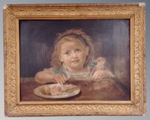 A Victorian print on board depicting a child with doll in gilt frame, 40cm by 30cm.