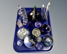 A tray of assorted paperweights, crystal paperweights,
