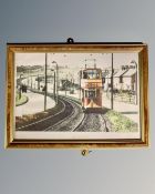 A set of six gilt-framed prints all depicting trams, 20 cm 30 cm, framed as a set.