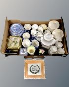 A box of china : Royal Doulton teapot, coffee cans and saucers, Ringtons pieces,