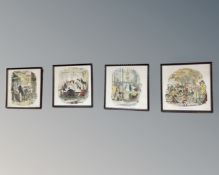 Four colour prints depicting scenes from Dickens, in Hogarth frames, each 28.5cm by 28.5cm.