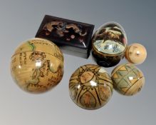 A Japanese lacquered box together with hand painted Russian egg and set of four graduated treen