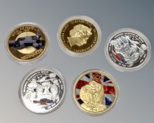 Five silver/gold plated commemorative coins