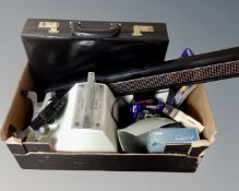 A box of Avery scales, Walkman, LED sign, briefcase,