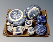 A box of blue and white ceramics : Ringtons pieces, delft storage jars,