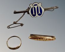 A 9ct yellow gold 'Baby' brooch, together with baby ring and Sterling silver Mothers Union brooch.