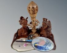 An Eastern hardwood twin handled serving tray together with two further carved busts,