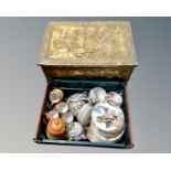 A brass slipper box and a crate of Japanese tea ware