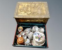 A brass slipper box and a crate of Japanese tea ware