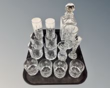 A tray of cut glass lead crystal whisky decanter together with two sets of four crystal tumblers,
