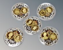Five large gold plated European commemorative coins