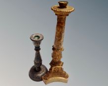 A Regency marble and gilt ormolu lamp base, height 36.