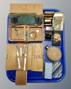 A tray of leather cased manicure set, jewellery box, silver cufflinks, hip flask,