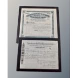 Two antique share certificates : The British Canadian Lumbering & Timber Co Ltd & Lightening Creek