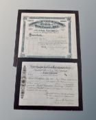 Two antique share certificates : The British Canadian Lumbering & Timber Co Ltd & Lightening Creek