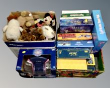 Two boxes of assorted board games, dance mats,